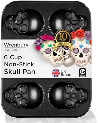 Wrenbury Large Skull Cake Pan - Non Stick 6 Cup Halloween Baking Mould Tray - for Bold, Spooky Bakes - Durable Carbon Steel, Food Safe - 12cm Cup
