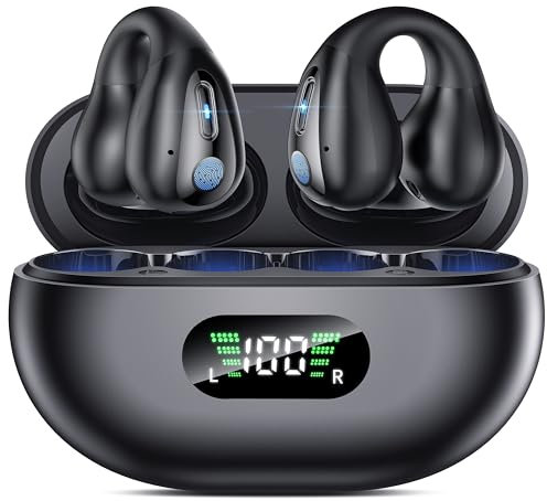 Open Ear Clip Wireless Earbuds Bluetooth 5.3, Sports Earphones Built-in Microphone with Earhooks & Ear Hook, Wireless Charging Case & Display, Waterproof Fitness Headphones for Sports,Black