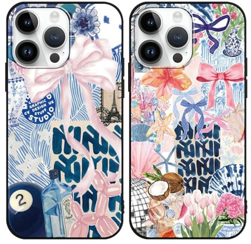 Phoona 2 Pack Cute Bow Case for iPhone 14 Pro Max 6.7, European Collage Preppy Summer Girly Design Pattern for Girls Women, Slim Soft Silicone Shockproof Bumper Protector Cover, Blue 01