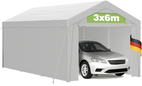 Pavillon Garagenzelt 3x6m Carport mit PE Plane, UV-beständig, wasserdicht, Stahlrohrrahmen, abnehmbare Seitenwände, Dachverstärkung, Bodenrahmen, Autoüberdachung, temporäre Werkstatt, Unterstand, Weiß