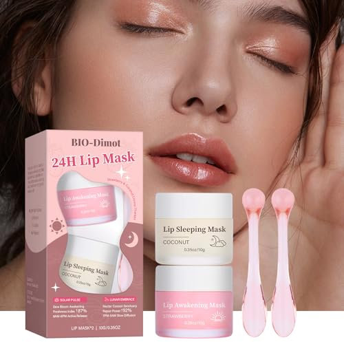 Lippenpflege Set - Lip Sleeping Mask & Awakening Mask mit Kokos & Erdbeere - Lippenmaske gegen trockene & schuppige Lippen - 2in1 Tag & Nacht Lippenpflege für weichere Lippen - 2x10g