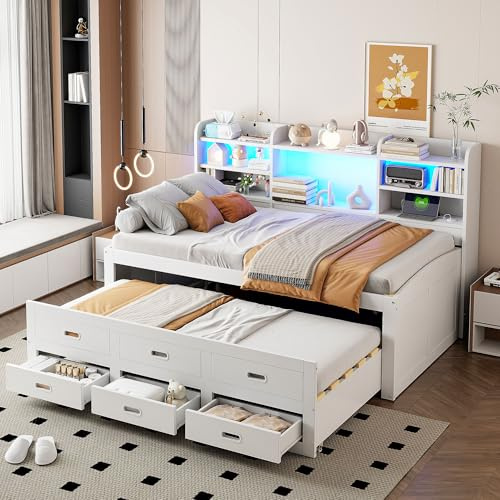 Idemon Sofá cama, cama de día, 3 cajones, mesita de noche, cama extensible multifuncional con USB+Type-c, sin colchón, blanco (90 x 200 cm)