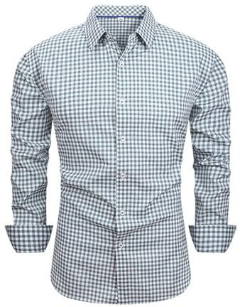 SYDUZAX Dress Shirts for Men UK Sale Clearance Long Sleeved Checked Shirt Tartan Print Business Casual Smart Shirts Tops Lapel Collar Formal Work Blouse Regular Fit Button Down Formal Shirt Green