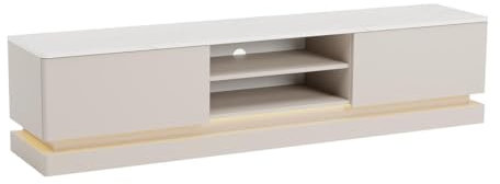 PASCAL MORABITO - Meuble TV 2 tiroirs et 2 niches avec LEDs en MDF - Beige et Effet marbre Blanc - DEVIKA de