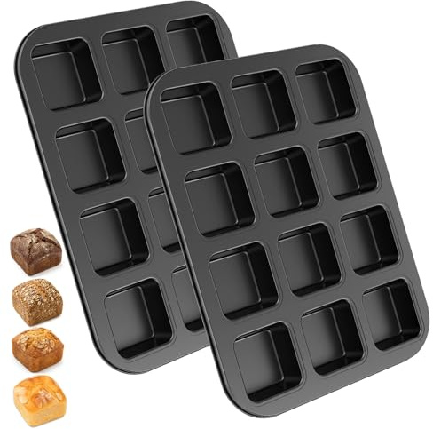 CBWERBB 2 Pack 12 Cavity Square Mini Loaf Tins,Non-Stick Carbon Steel Cupcake Baking Tray,Mini Brownie Pan Muffin Moulds for Oven,Reusable Bakeware Set for Cakes, Bread & Desserts(Grey)