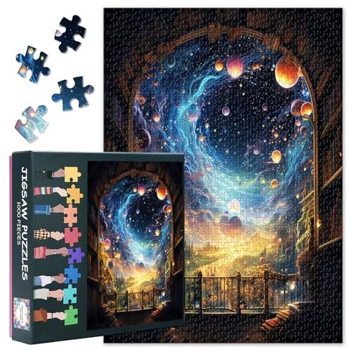 Fantasy-Puzzles mit 1000 Teilen für Erwachsene, Fantasy-Szene mit Bücherregalen und Planeten am Himmel, Jigsaw-Puzzles, unmögliche, herausfordernde Jigsaw-Puzzles für Erwachsene, 50x70 cm