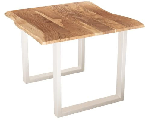 Liadomo Esstisch 90x90 Isa Natur, Baumkantentisch, Akazie Massivholz Tisch, 26mm Tischplatte Lackiert, Robust & Pflegeleicht, Unikat, U-Gestell Metall weiß
