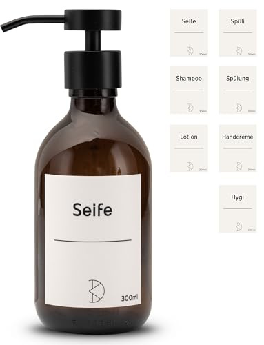 Koffs Design Glas Seifenspender für Badezimmer und Küche - Flüssigseifenspender aus Braunglas – modern - Pumpspender für Seife, Spülmittel & Handcreme - Spüli Spender - mit Stickern - 1 Stück