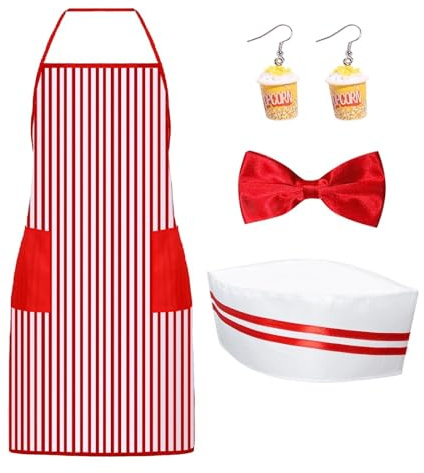NebulaGlam Popcorn Kostüm, Kellner Kostüm im 50er Jahre Stil, Rot Weiß Gestreifte Schürze Mütze Fliege Popcorn-Ohrringe für Karneval Cosplay Party (B)