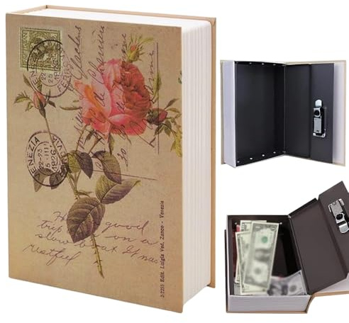 Buchtresor mit Zahlenschloss, 18 x 11,5 x 5,5 cm Buchsafe Tresor, Buch Safe mit Schlüssel für Schmuck Geld Bargeld Wertvolle Objekte für Bücherregal Büro/Hause (Rosentagebuch Stil)
