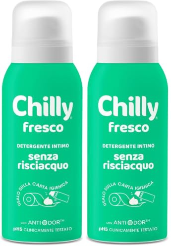Chilly Senza Risciacquo, Detergente Intimo Senza Risciacquo Fresco, Da usare sulla Carta Igienica, Formula in Mousse a pH5, Arricchito con mentolo naturale, Con Anti-Odor, Clinicamente Testato - 100ml