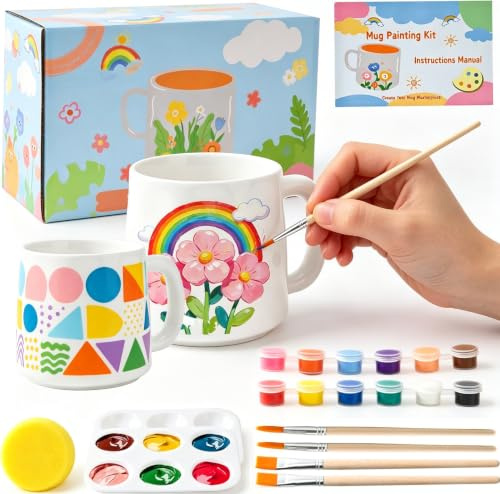 Paint Your Own Mug, Mug Painting Kit, Pottery Painting Kit Includes 2 | White Ceramic Mugs, 4 Brushes, 2 Palettes, 1 Sponges, 2*12 Paints and Instructions, DIY Gift for Adults or Kids