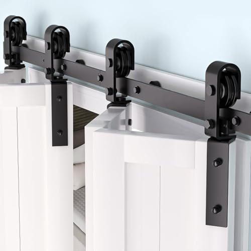 Aptliton Heavy Duty Bi-Fold Sliding Barn Door Hardware Kit, Black | Fits Four 14'' Closet Bifold Doors, Smooth & Quiet Side-Mounted Rollers, Easy Installation, for Closets & Laundry Rooms