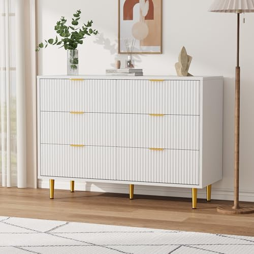 Garvee Kommode mit 6 Schubladen 100 x 40 x 75 cm, Kommodenschrank Sideboard, MDF Wellenfront, Gold Griffe& Beine, Rollschienen, Kippschutz, Modern Schubladenschrank für Wohnzimmer Schlafzimmer, Weiß
