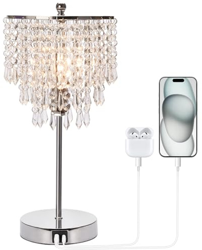Lampe de table en cristal à contrôle tactile avec double ports de charge USB, intensité variable à 3 voies Lampe de chevet décorative avec abat-jour élégant pour salon chambre à coucher, ampoule LED