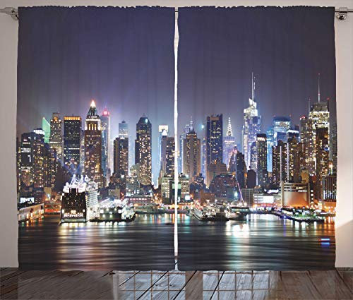 ABAKUHAUS New York Rustikaler Vorhang, Manhattan-Skyline nachts, Wohnzimmer Universalband Gardinen mit Schlaufen und Haken, 280 x 260 cm, Orange Blau