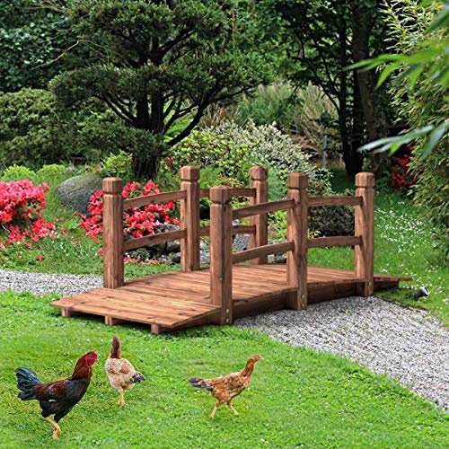HAPPYGRILL 5 FT Wooden Garden Bridge, Decorative Pond Bridge with Railings