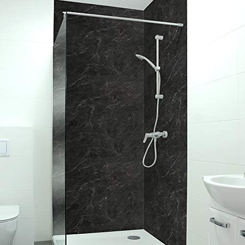 DRUCK-EXPERT Premium Duschrückwand 0,4 mm selbstklebendes Hart-PVC, Größe:2 x B 103 x H 240 cm Hochformat, Muster:Schiefer schwarz