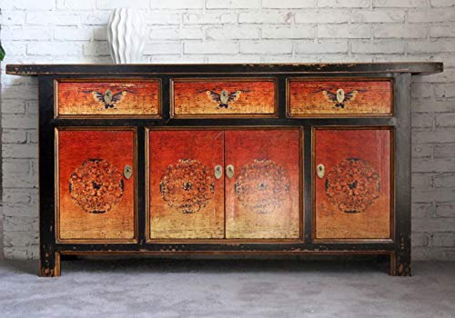 OPIUM OUTLET Orientalische Wohnzimmer-Kommode, chinesisches Sideboard, schwarz-orange, Schrank Buffet Anrichte asiatisch, Hochzeitsschrank Vintage-Stil