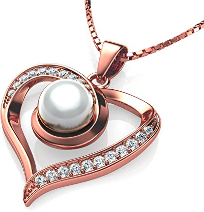 DEPHINI - Real Pearl Necklace - 925 sterling silver Heart Pendant - Cubic Zirconia - Rhodium Plated Jewellery for Women (Rose Gold Pearl)
