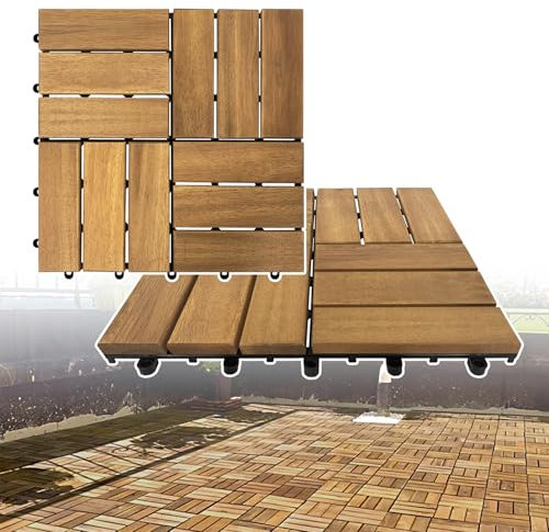 Froadp 44er Pack Holzfliesen Akazienholz Fliesen Set 30x30 cm Wasserdicht Terrassenfliesen 4 ㎡ Bodenbelag mit Drainage und Klicksystem Balkonfliesen für Outdoor Garten Terrasse (Type B)