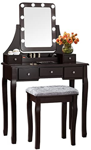COSTWAY Tocador de Maquillaje con Luz y Taburete y 5 Cajones, Mesa de Maquillaje con Espejo Giratorio de 360 °y 10 LED Bombillas, Mesa Tocador, Tocadores Modernos de Cosmético para Dormitorio(Café)