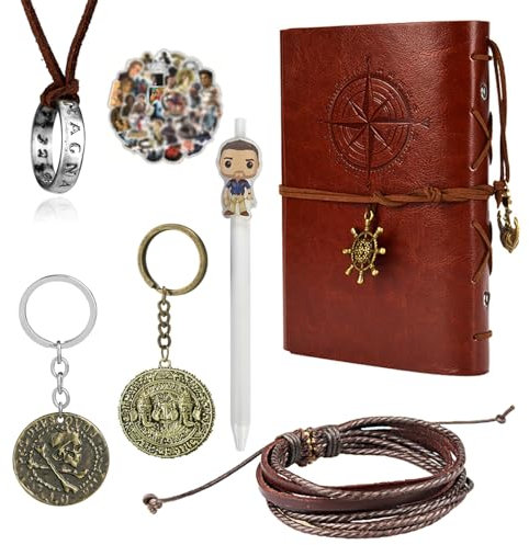 YouU 31 Stück Uncharted 4 Halskette Leder Armband Drake Gravur Schädel Gold Münze Anhänger Film Aufkleber Vintage Nautisches Leder Schreiben Tagebuch Notizbuch