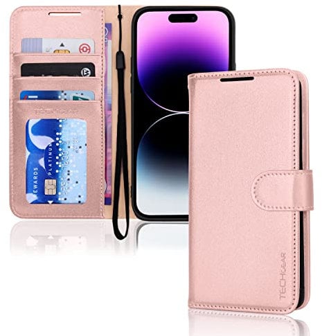 TECHGEAR iPhone 14 Pro Leather Wallet Case, Flip Protective Case Cover with Wallet Card Holder, Stand and Wrist Strap - Pink PU Leather with Magnetic Closure Designed for iPhone 14 Pro 6.1