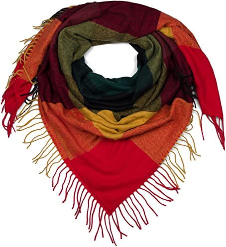styleBREAKER Damen XXL Schal mit mehrfarbigem Karo Muster und Fransen, warmes Winter Tuch, Deckenschal 01017116, Farbe:Rot-Grün-Gelb