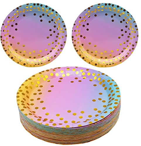 CEILIWEN Regenbogen Partyteller, Rosa Gold Pappteller, 17,8 cm Partygeschirr Einwegteller, Rosa Teller mit Goldfolienpunkten, 50 Stück (Regenbogen-50 Stück)