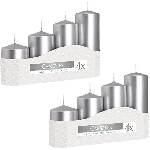 Stumpenkerzen Silber | Weihnachtskerzen Altarkerzen | Durchmesser 4,8 cm | Höhe 7, 9, 11, 13 cm | 2 Boxen (8 Stück)