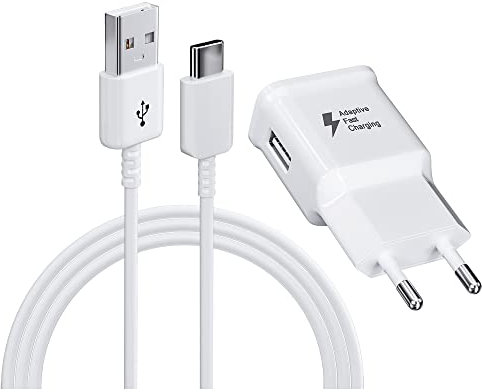 Cargador USB con Cable de Carga Rápida USB Tipo-C Compatible con Samsung Galaxy S8 S8+ S9 Plus S9+ S10 S10 Plus S10e A50 A51 A12 A10e A32 A42 5G Note 8/9, Cargador Rápido Original de Repuesto, Blanco