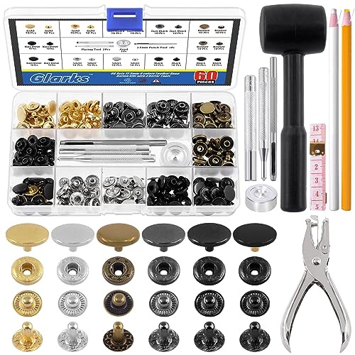 Glarks Kit of 60 Leather Snap Fasteners, 12.5 mm, 6 Colors, Metal Press Studs with 8 Dies, Hammer, Setting Tools, Grease Pencils and Tape Measure for Leather Crafts