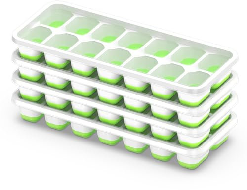 ChefAide Ice Cube Tray with Lid, 4 Pack Durable Stackable Ice Cube Trays for Freezer with Removable Lids, Easy-Release Plastic & Silicone Ice Tray for Cocktail, Coffee, Soda