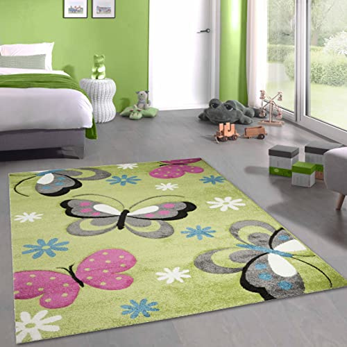 CARPETIA Bunt Kinderzimmer-Teppich mit Schmetterling-Design — strapazierfähig — grün, 120x170 cm