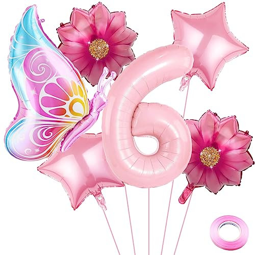 Weenkeey 6 Jahre Schmetterling Geburtstag Deko Große Schmetterling Folienballon 6. Geburtstag Schmetterling Luftballon Rosa Zahl 6 Luftballon für Mädchen Geburtstag Party
