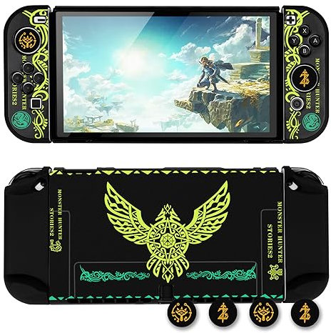 DLseego Monster Hunter Schutzhülle für Switch OLED neues Modell, dockbare Hartschale, niedliche Schutzhülle für Joycon-Controller mit 4 Daumengriff-Kappen – Golden Eagle