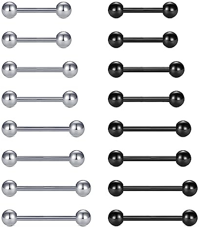 FECTAS 24stk Zungenpiercing Set 14G Chirurgenstahl Piercing Zunge Tongue 12/14/16/18mm Silber Schwarz