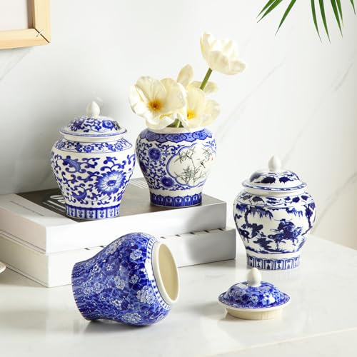Hushee Kleine Blaue und weiße Vasen, Chinoiserie-Dekoration, Ingwerglas, Porzellan, Ingwerglas, Chinoiserie-Vase, Blau und Weiß, Dekor für Zuhause, Schlafzimmer, Tischdekoration, Akzentregal (4 Stück