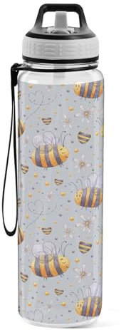 Sports Water Bottle Bee Flower Honey Honeycomb Tritan Drinking Bottle with Straw Large 1000ml BPA-Free Clear Leakproof for Kids Boys Girls Women Men Gym School