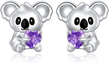 Flyow Koala Ohrstecker 925 Sterling Silber Tier Ohrringe Süße Koala Hält Herz Violetter Zirkonia Ohrstecker Koala Bär Schmuck Geschenke für Mädchen Damen (Violetter)