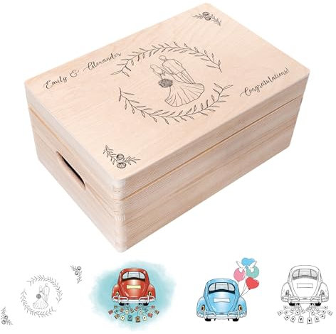 Creative Deco Hochzeitsgeschenke Personalisiert für Brautpaar | Geschenk zur Hochzeit | Erinnerungsbox Hochzeit | Geschenkkiste | Holzkiste mit Deckel | Hochzeitsgeschenk Personalisierte Farbdruck
