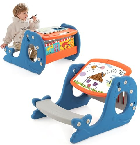 GOPLUS 4 in 1 Kinder Staffelei, Multifunktionale Kindersitzgruppe mit ergonomischem Stuhle & kippbarem Whiteboard, Stabiler Kindertisch-Set zum Lernen, Malen & Essen, für Babys ab 1 Jahren