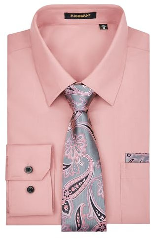 HISDERN Chemise Hommes Rose Manches Longues Chemise Habillée et Cravate sans Repassage Affaires Casual Mariage Slim Fit L