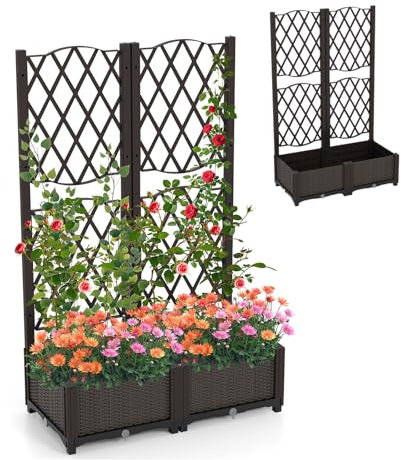RELAX4LIFE Fioriera da Esterno con Spalliera in Rattan PE, Aiuola Rialzata con Grigliato, Porta Vasi di Fiori e Piante Rampicanti per Giardino/Balcone/Terrazza/Cortile, Marrone (80x40x122cm)