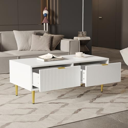 Merax Couchtisch, Wohnzimmertisch Kaffeetisch mit 2 Schubladen, Moderner vertikales Streifendesign, Multifunktionaler Beistelltisch Sofatisch mit Mehrere Stauräume, für Zimmer Büro, Weiß & Gold