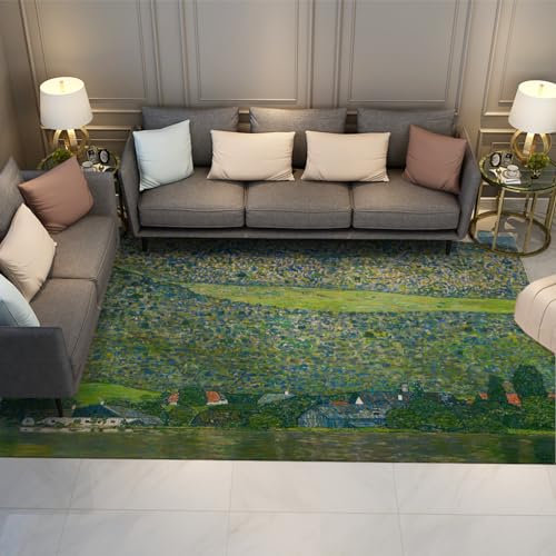 UERWOWELL Niedrigflorige rutschfeste Teppiche grüne Pflanze Bergdorf Teppich für Bauernhaus Gustav Klimt Läufer Teppiche Küche waschbare Teppiche 160x200cm