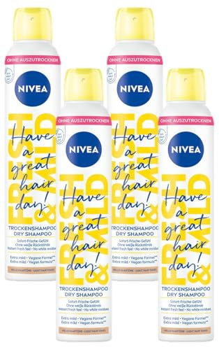 NIVEA Trockenshampoo Fresh & Mild (200 ml), extra mildes Trockenshampoo Spray für helle Haartöne mit angenehmem Duft, Trockenhaarshampoo für sofortige Frische (Packung mit 4)