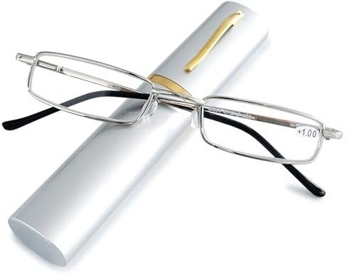 ABETOS Damen Schmal Lesebrille Herren Mini Kleine Blaulichtfilter Ultraleichte Metall Brille Lesebrillen Federscharnier Lesehilfe Sehhilfe mit Etui