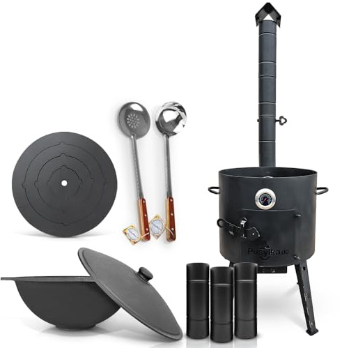 Feuerofen Ø 40 cm Herdplatte Ø43 cm 4 Ringe Kazan Ø 42,5 cm (12 L) flacher Boden mit Thermometer Schornsteinverlängerung Schaumlöffel Schopfkelle 48 cm (Set - 557)